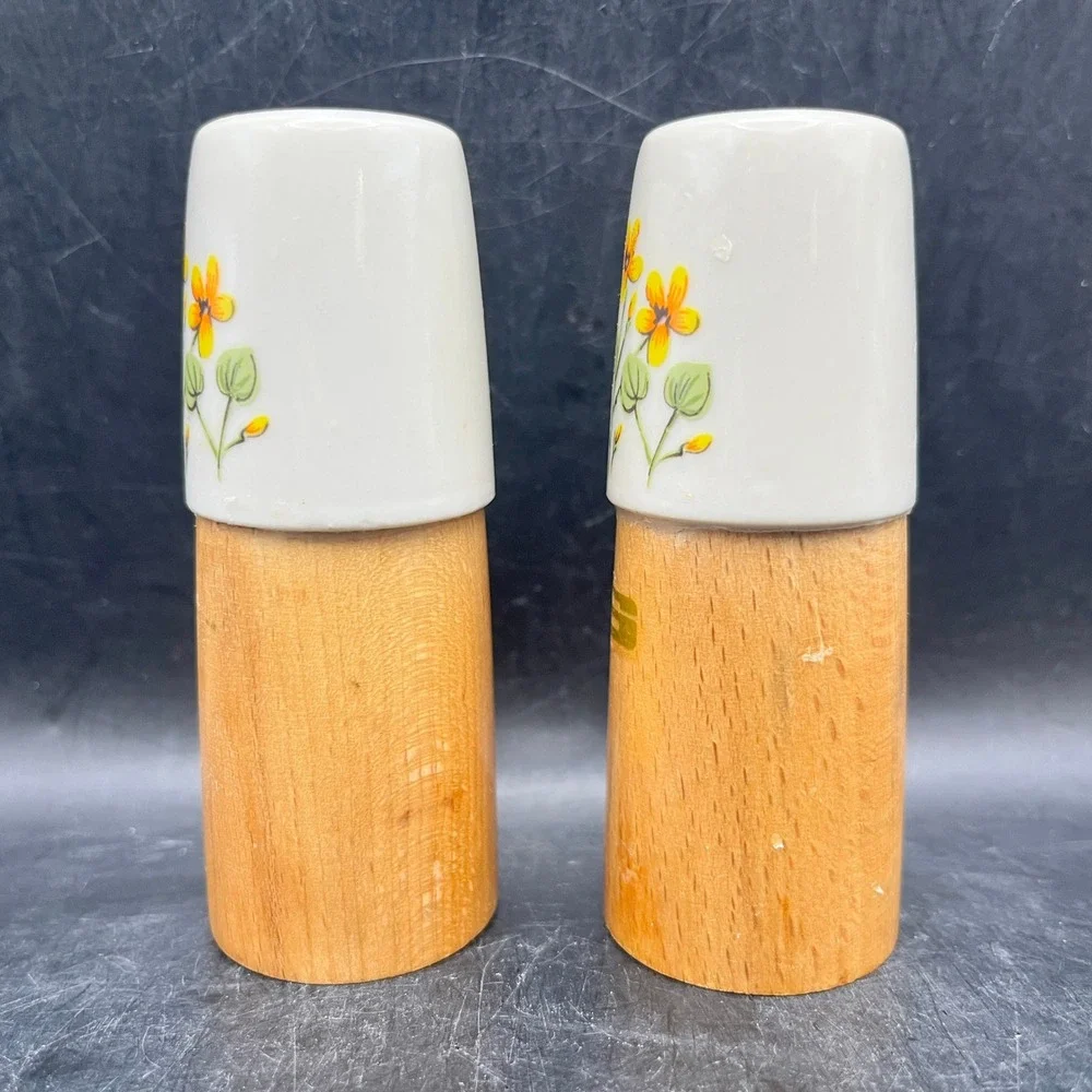 VTG MCM Wood Salt & Pepper Shakers Ceramic Tops 3.5